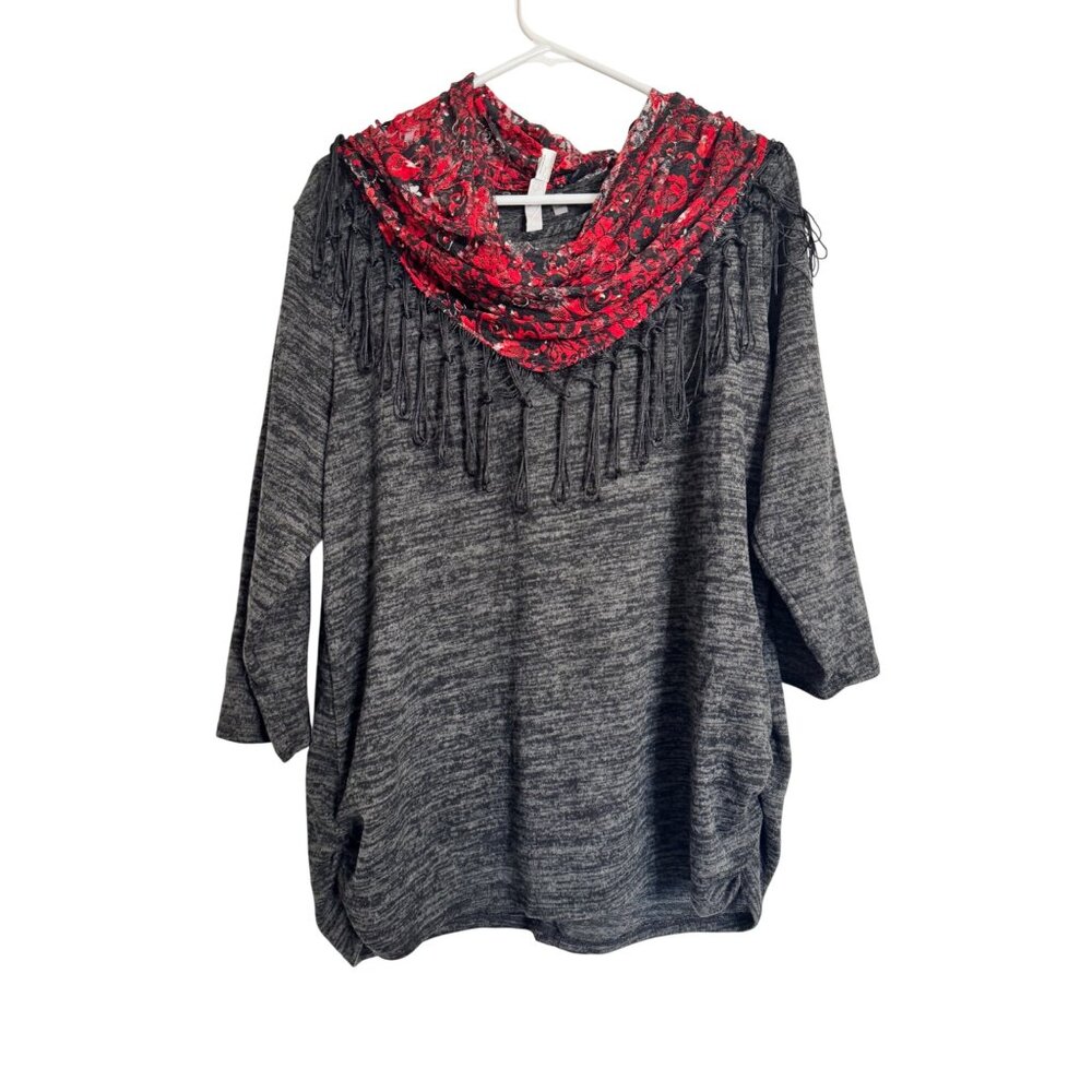 NY Collection Gray Heather Lightweight Sweater Size XL Red Scarf NWT